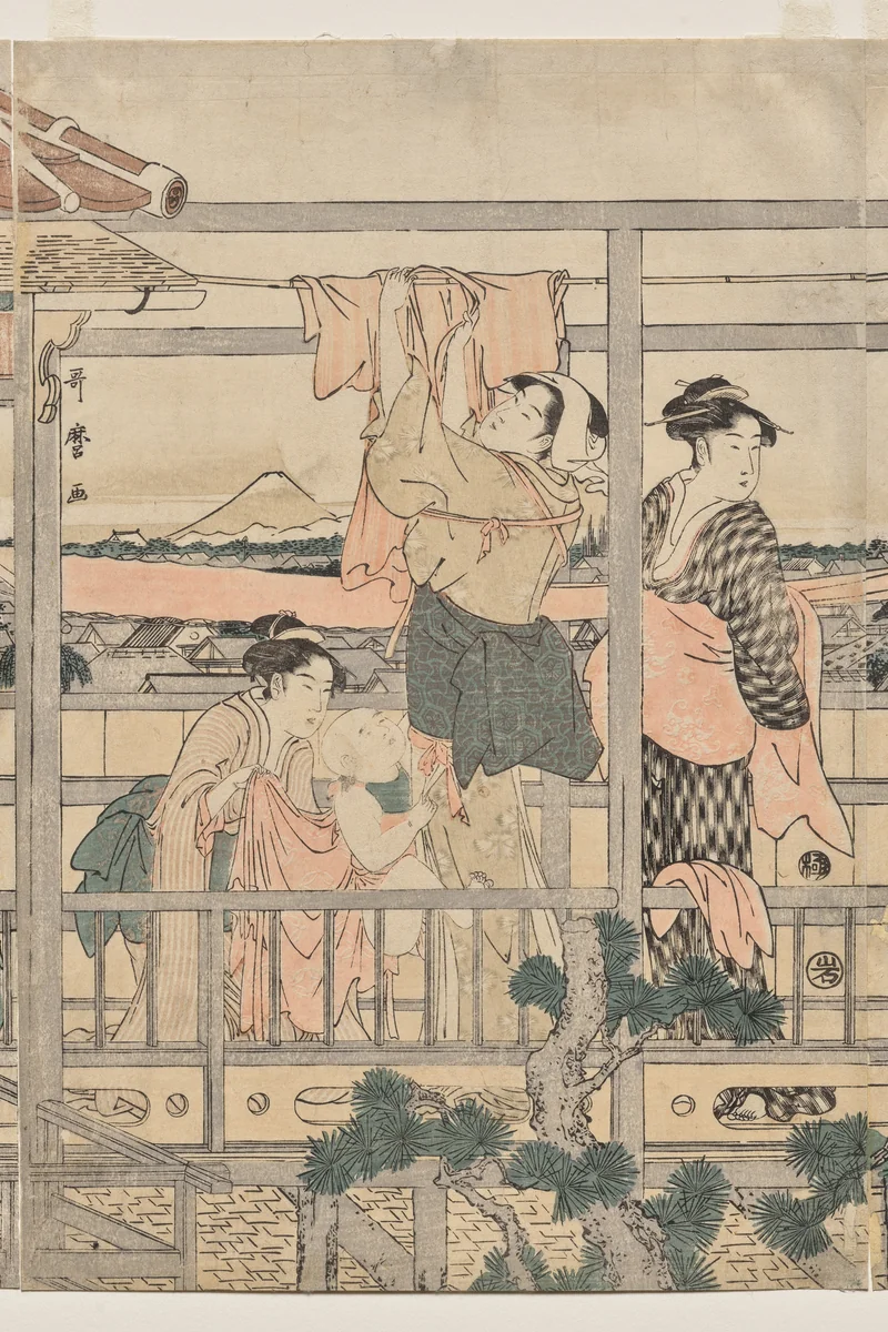 Women Hanging Laundry to Dry on a Balcony by Kitagawa Utamaro (喜多川歌麿), print, 1790-1794