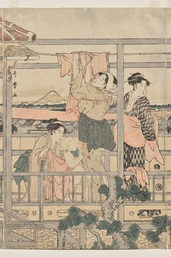 Women Hanging Laundry to Dry on a Balcony by Kitagawa Utamaro (喜多川歌麿), print, 1790-1794
