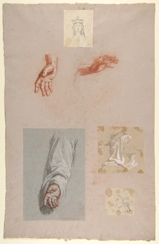 a. Hands of Saint Remi (lower register); b. Head of Saint Clotilde (upper register); c. Head of Saint Clotilde (lower register); d. Head of an Angel (upper register); e. Hand and Sleeve of Saint Remi by Isidore Pils, drawing, 1830-1875