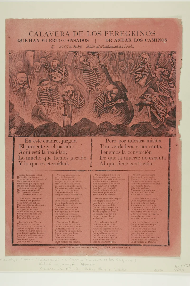 Calavera of the Pilgrims that Have Died Walking the Streets and Are Now at Rest by José Guadalupe Posada, print, 1872-1913