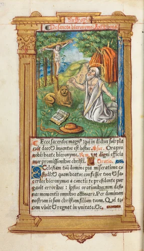 Printed Book of Hours (Use of Rome): fol. 107v, St. Jerome and the Lion by Guillaume Le Rouge, book, 1510