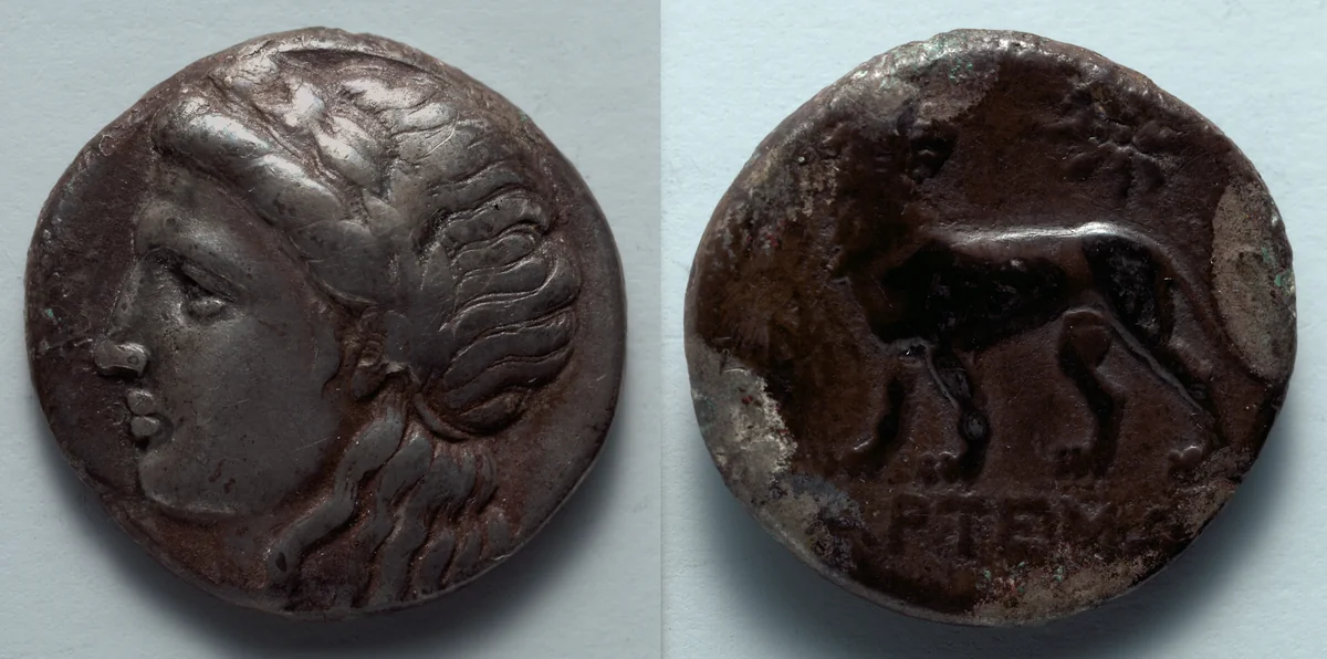 Tetradrachm: Head of Apollo (obverse); Lion (reverse) by Unknown, metalwork, -339--318