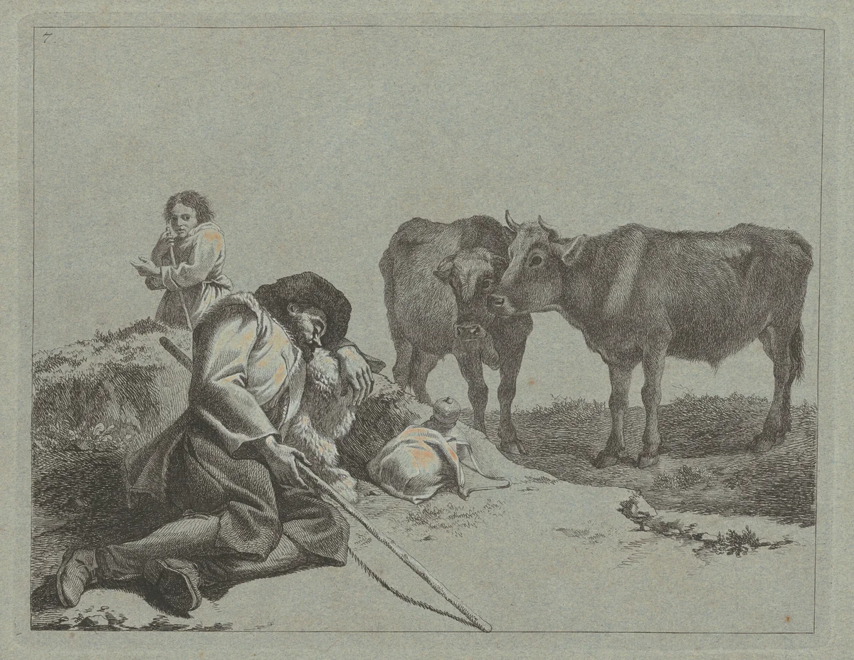 Sleeping Shepherd, Two Calves, and a Peasant Woman by Francesco Londonio, print, 1762-1763