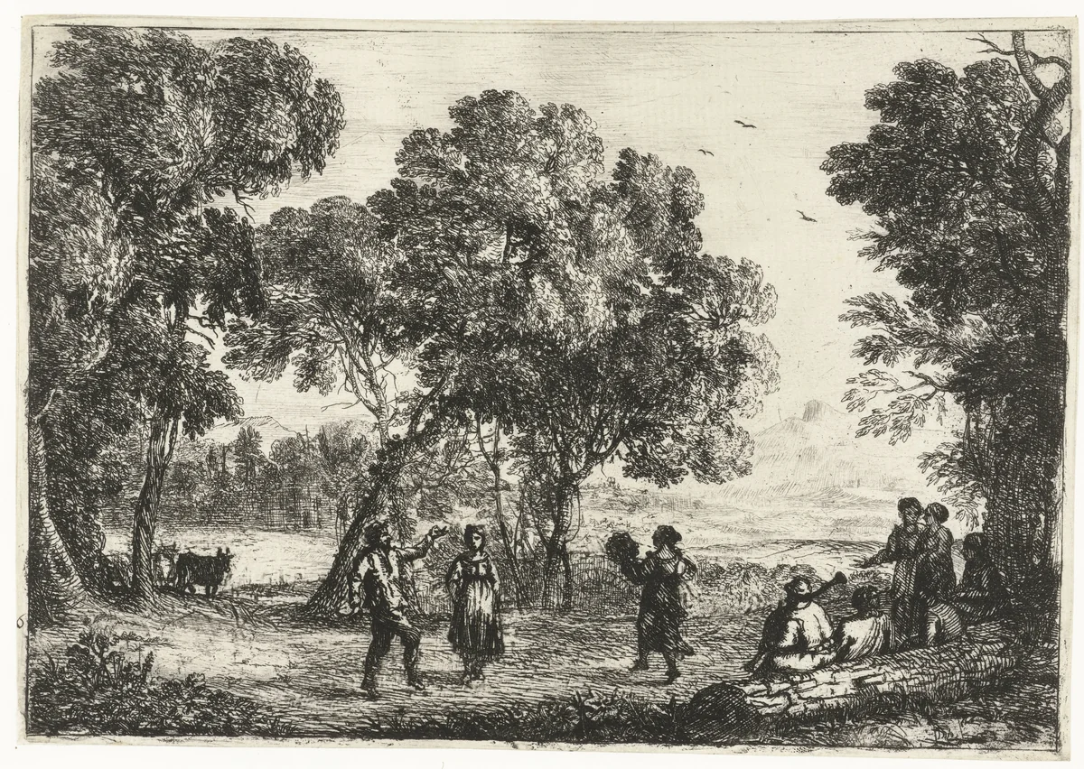 Dans onder de boom by Claude Lorrain, print, 1635-1639