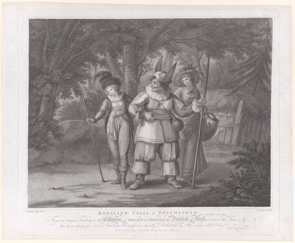 Rosalind, Celia & Touchstone (Shakespeare, As You Like It, Act 2, Scene 2) by John Chapman, print, 1792