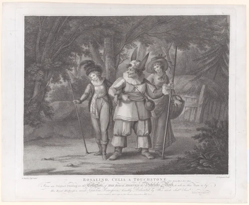 Rosalind, Celia & Touchstone (Shakespeare, As You Like It, Act 2, Scene 2) by John Chapman, print, 1792