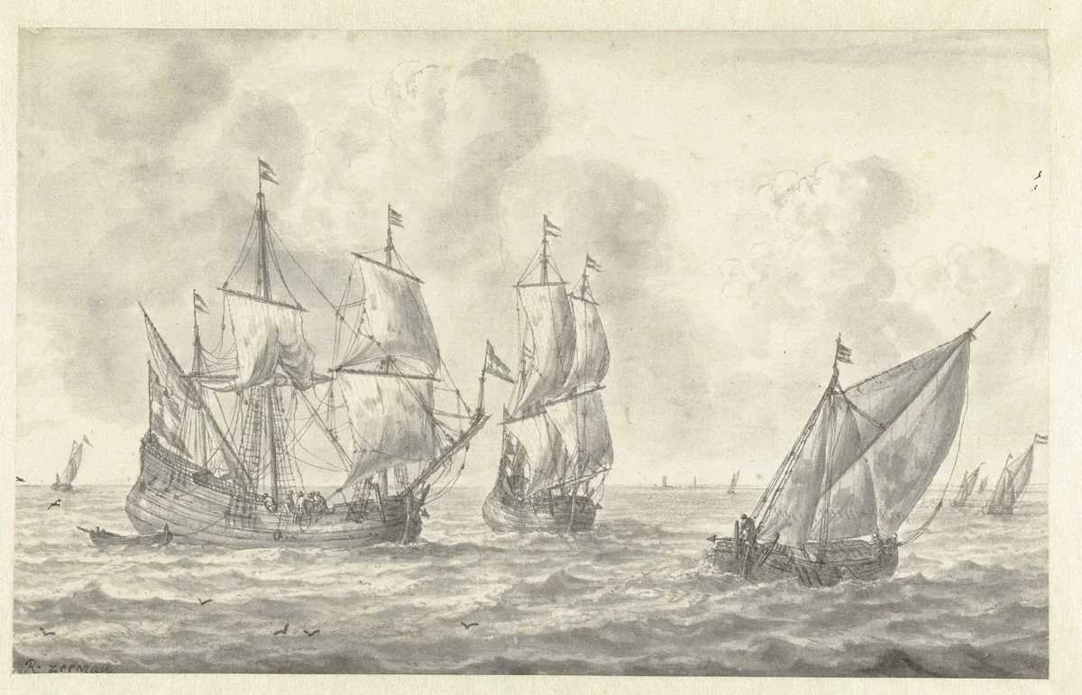Zeegezicht met twee driemasters en een beurtvaarder by Reinier Nooms, drawing, 1633-1667