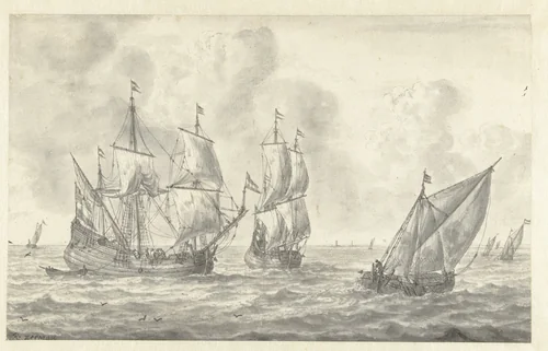 Zeegezicht met twee driemasters en een beurtvaarder by Reinier Nooms, drawing, 1633-1667