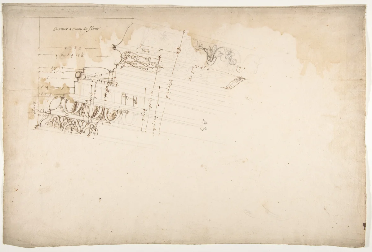 Unidentified, cornice, projection (recto) blank (verso) by anonymous, drawing, 1500-1560
