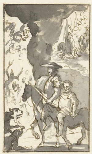Don Quichotte en Sancho Panza rijden langs een smederij by Caspar Luyken, drawing, 1694-1696