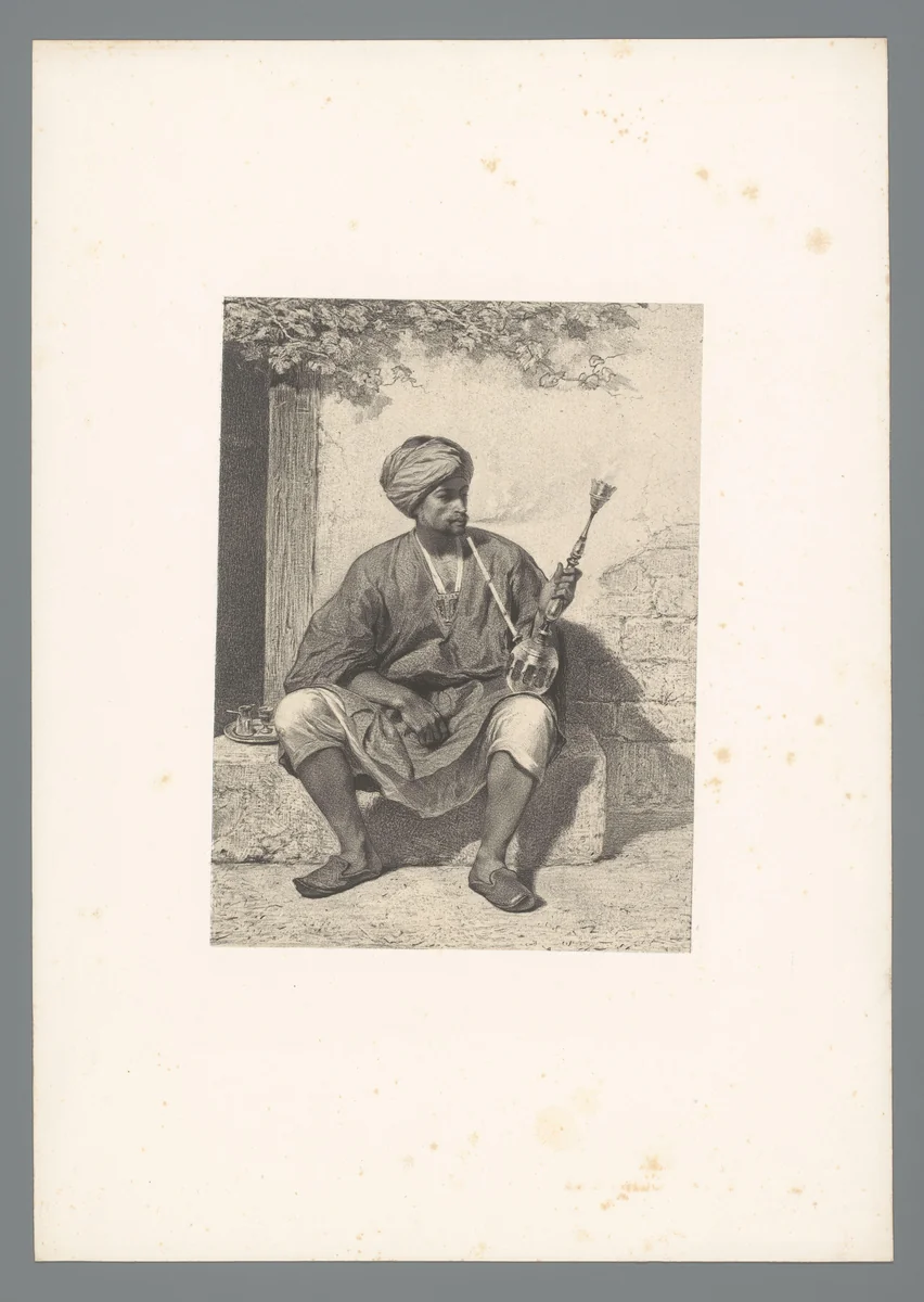Man met tulband en waterpijp by Adolphe Mouilleron, print, 1830-1881
