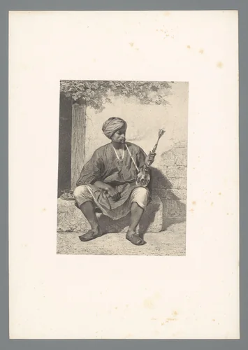 Man met tulband en waterpijp by Adolphe Mouilleron, print, 1830-1881