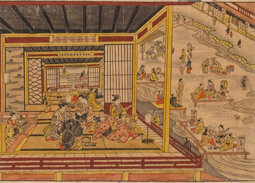 Tea House Beside the Kamo River in Kyoto by Nishimura Shigenaga, print, 1740-1749