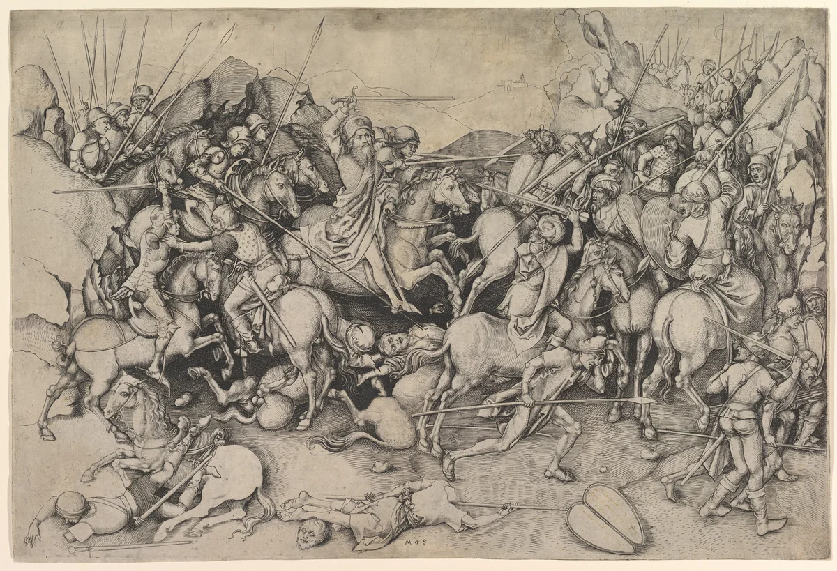 St. James the Major at the Battle of Clavigo by Martin Schongauer, print, 1470-1491