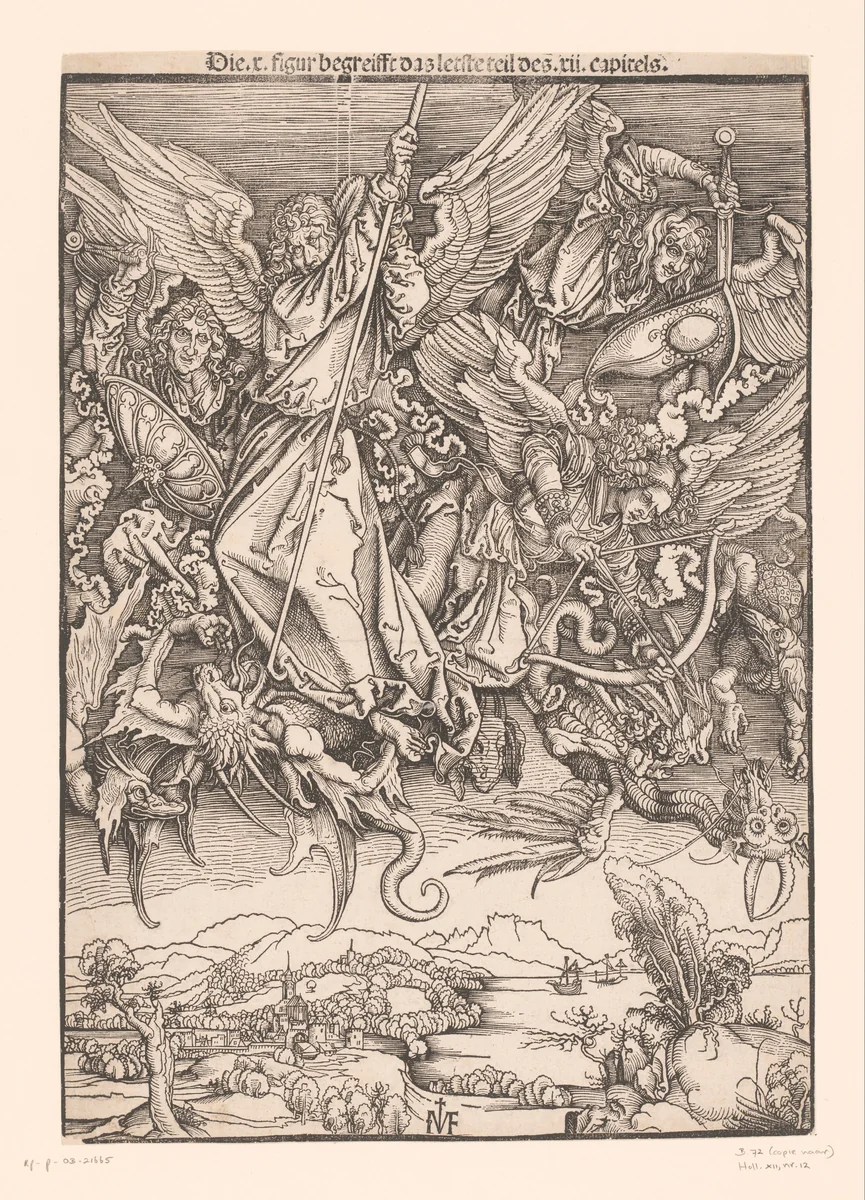 Aartsengelen bevechten draken by Unknown, print, 1502