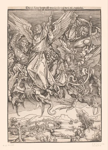 Aartsengelen bevechten draken by Unknown, print, 1502