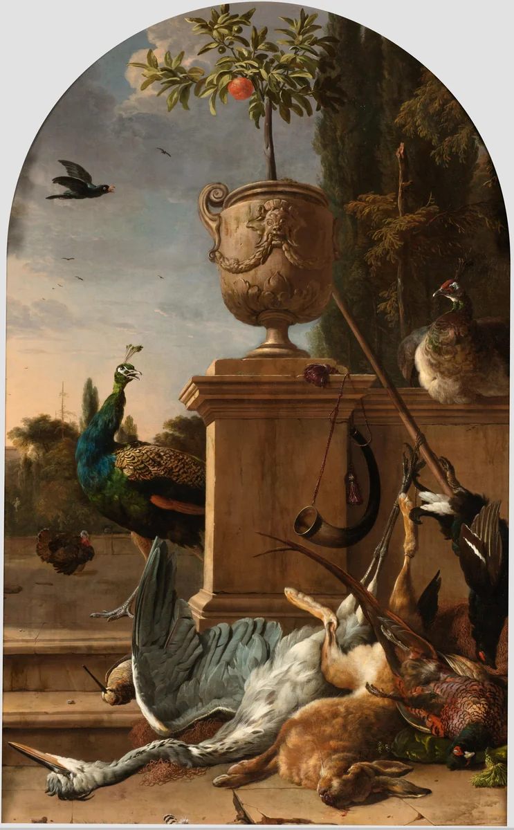 Hunter’s Bag on a Terrace by Melchior d' Hondecoeter, painting, 1678