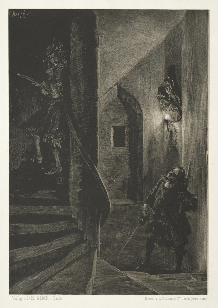 Essay on Stone with Brush and Scraper: Chase on the Winding Staircase by Adolph von Menzel, print, 1851