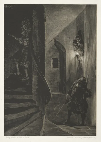 Essay on Stone with Brush and Scraper: Chase on the Winding Staircase by Adolph von Menzel, print, 1851