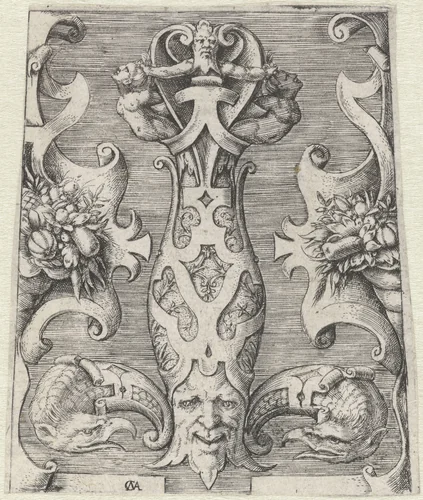 Ontwerp voor het gevest van een degen in een omlijsting van rolwerk by Unknown, print, 1544-1550