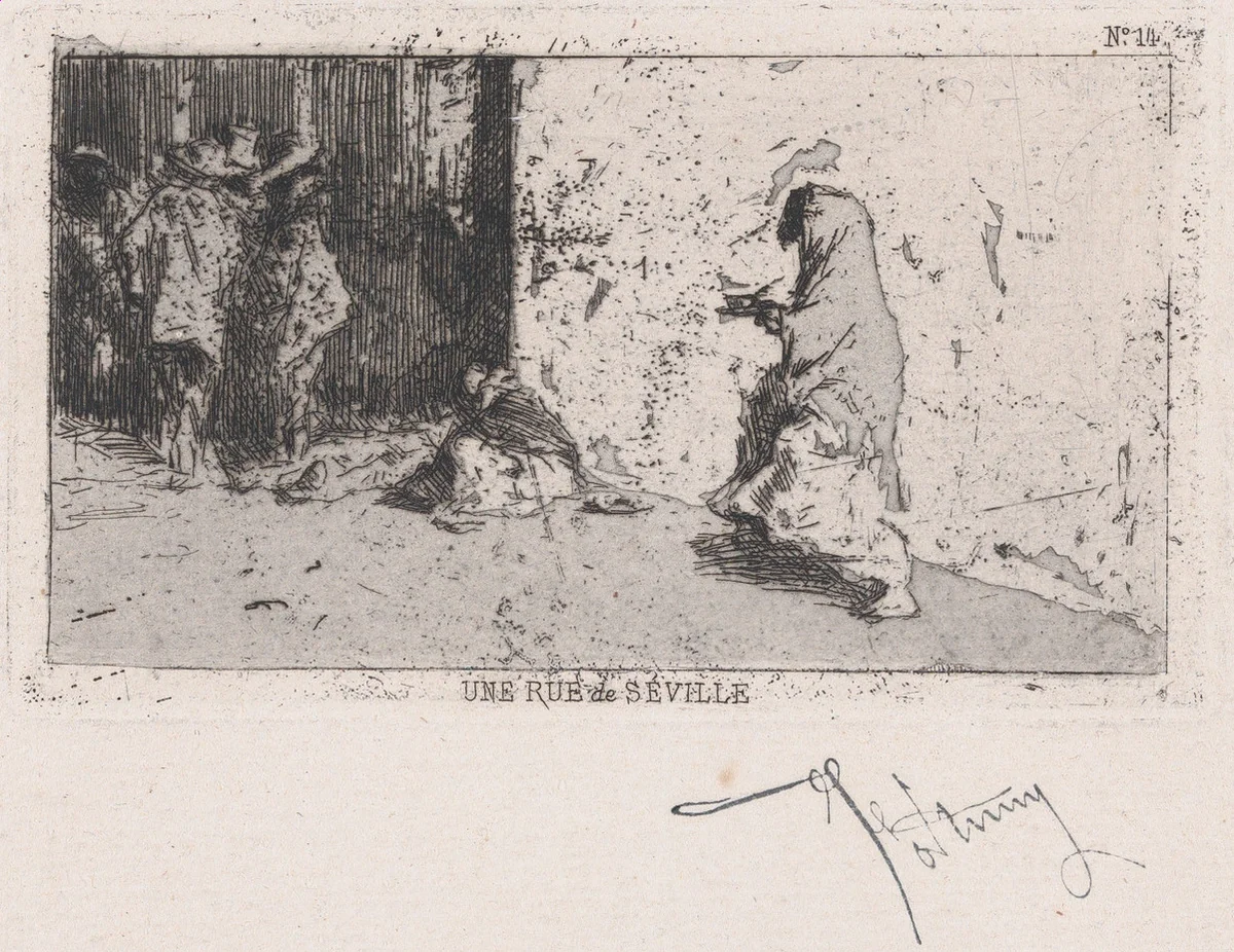 A street in Seville with figures by Mariano Fortuny, print, 1860-1870