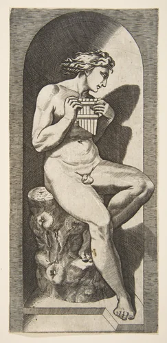 Olympus naked seated on a tree stump holding pipes, set within a niche by Marco Dente, print, 1510-1532