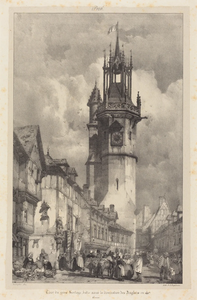 Tour du gros-horloge, Evreux by Richard Parkes Bonington, print, 1824