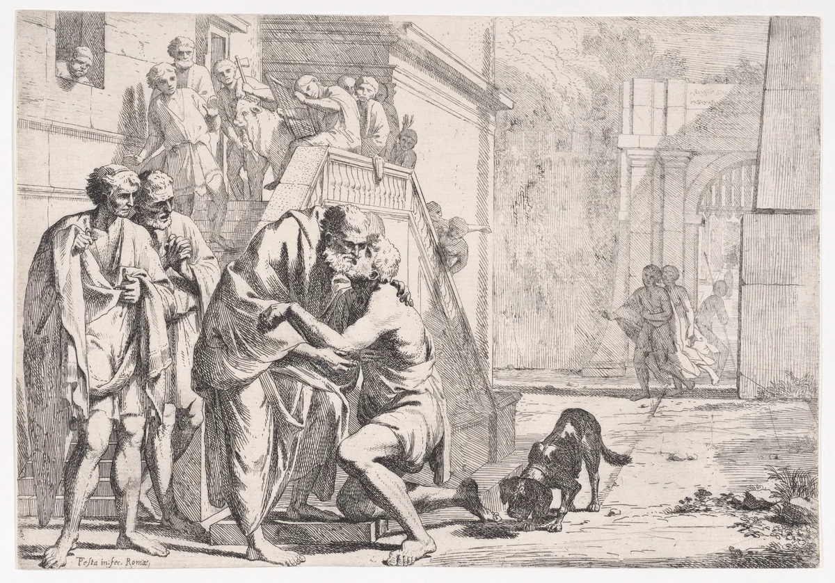 The Return of the Prodigal Son, Shown Embracing His Son by Pietro Testa, print, 1600-1650