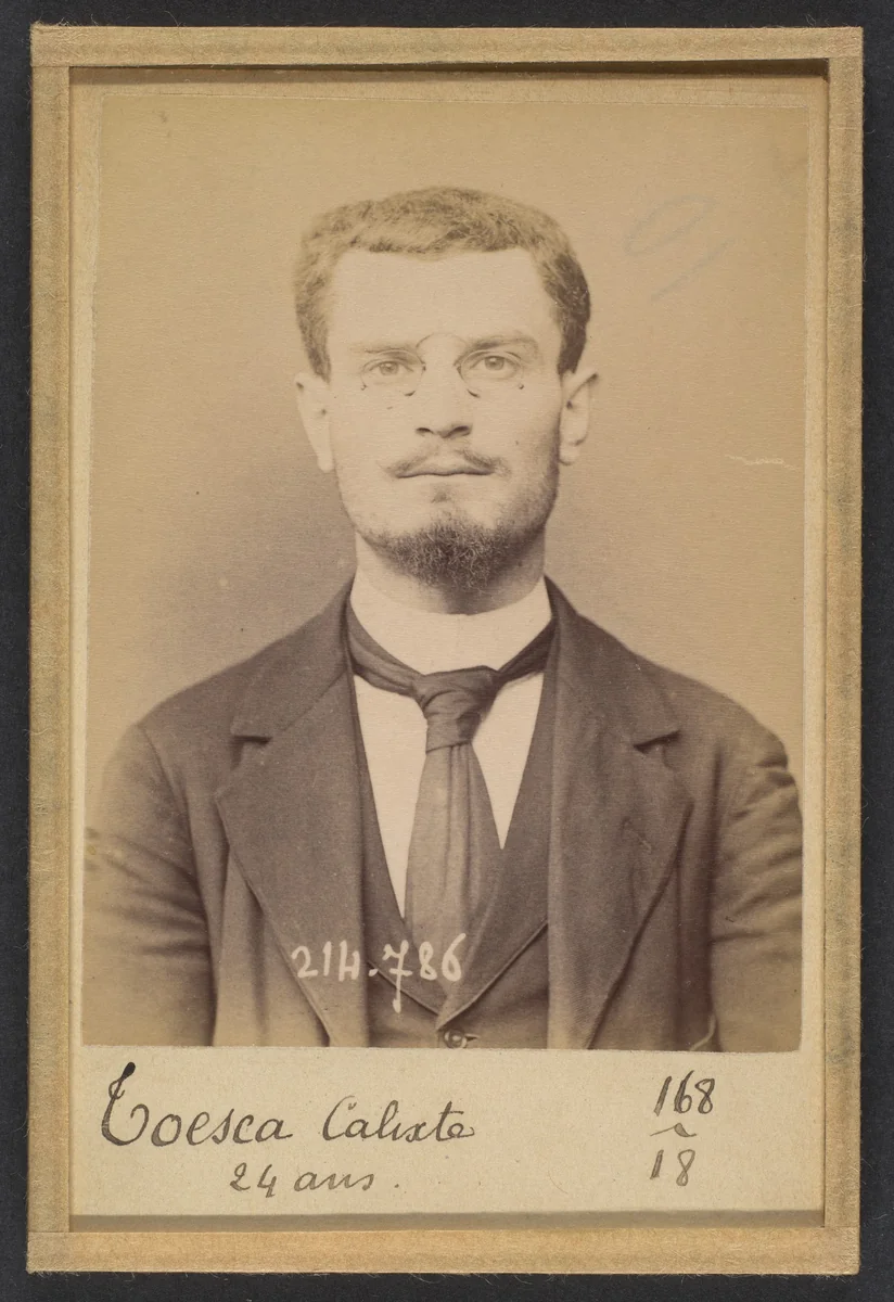 Toesca. Calixte. 28 ans, Tour de Breuil (Alpes-Mar.). Étudiant en médecine. Association de malfaiteurs. 27/2/94 by Alphonse Bertillon, photograph, 1894