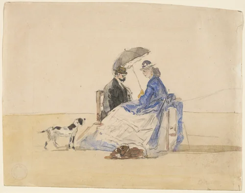 A Couple Seated on the Beach with Two Dogs by Eugène Boudin, drawing, 1824-1898