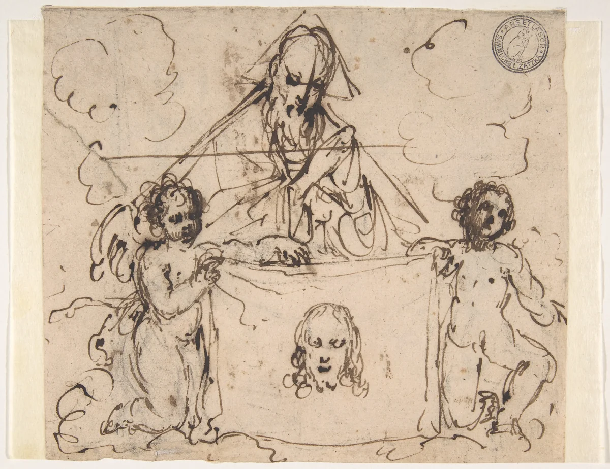 Veronica's Veil Held by Two Angels and God the Father(?) by anonymous, drawing, 1600-1700