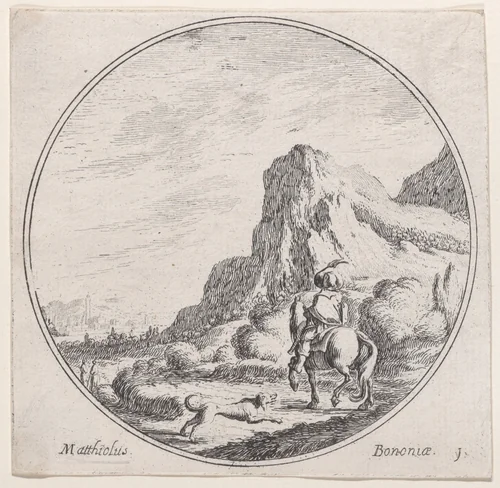 Plate 1: a horseman riding towards the left, followed by a dog, in a rocky landscape by Lodovico Mattioli, print, 1680-1747
