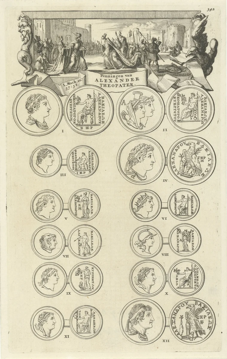 Koning Ptolemaeus XII huwelijkt zijn dochter Cleopatra uit aan Alexander Theopater, koning van Judea by Jan Luyken, print, 1690