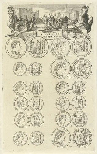 Koning Ptolemaeus XII huwelijkt zijn dochter Cleopatra uit aan Alexander Theopater, koning van Judea by Jan Luyken, print, 1690