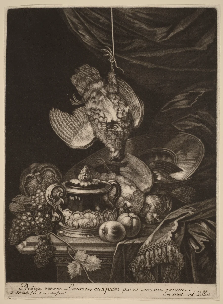 Still Life with a Hanging Partridge by Pieter Schenck, print, 1660-1719
