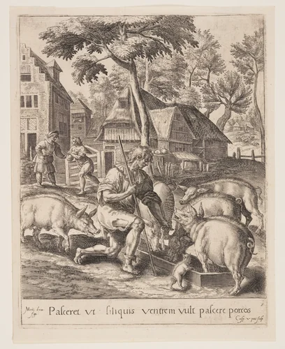 The Son Feeding the Swine, from The Parable of the Prodigal Son by Crispijn van de Passe I, print, 1600