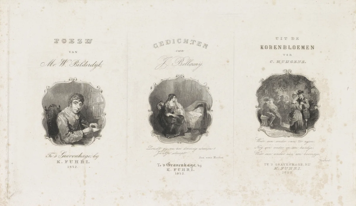 Drie titelpagina's voor drie verschillende boeken by Willem Frederik Wehmeyer, print, 1852