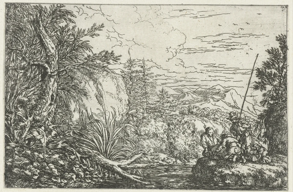 Drie vissers aan de oever van een rivier by Jonas Umbach, print, 1634-1693