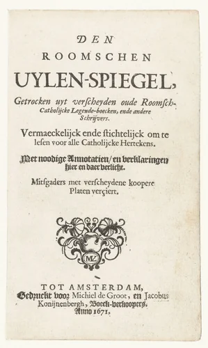 Titelpagina van De Roomse Uilenspiegel by anonymous, print, 1671