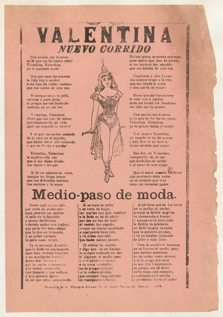 Broadsheet with two narrative love ballads, woman wearing a costume consisting of a leotard,cape, and boots by José Guadalupe Posada, print, 1910-1920