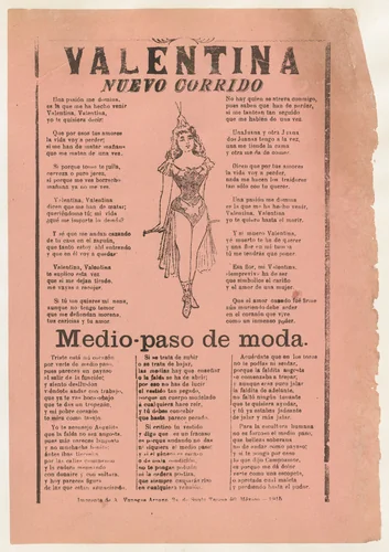 Broadsheet with two narrative love ballads, woman wearing a costume consisting of a leotard,cape, and boots by José Guadalupe Posada, print, 1910-1920