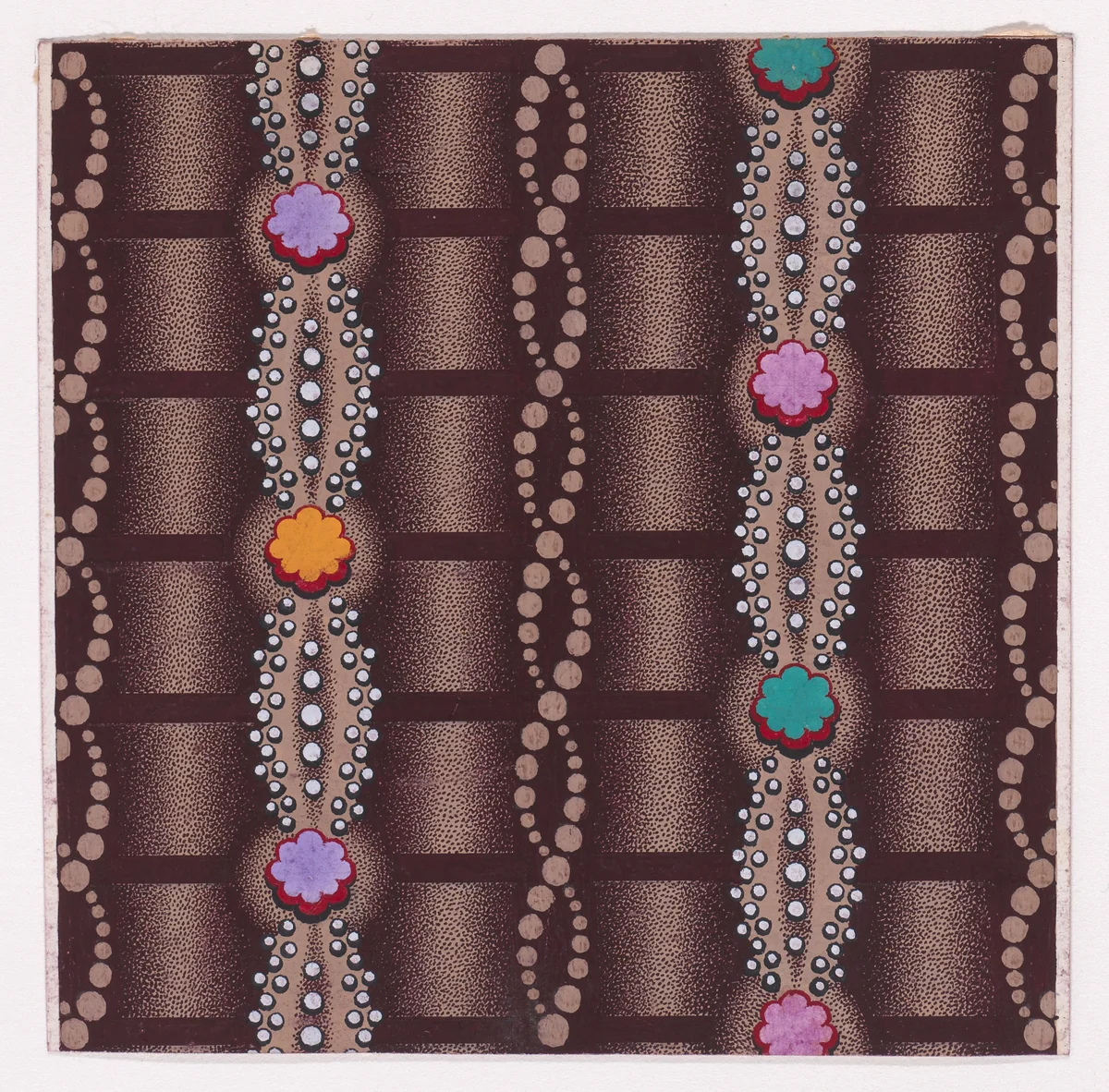 Textile Design with Alternating Vertical Twisting Strips of Dots and Garlands of Pearls and Rosettes over a Striped Background by anonymous, drawing, 1840