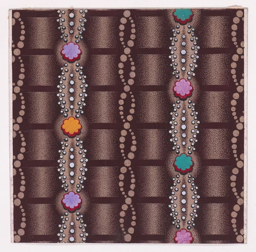 Textile Design with Alternating Vertical Twisting Strips of Dots and Garlands of Pearls and Rosettes over a Striped Background by anonymous, drawing, 1840