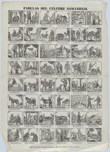 Broadside with 48 scenes depicting fables by Félix María de Samaniego by Juan Llorens, print, 1855-1865