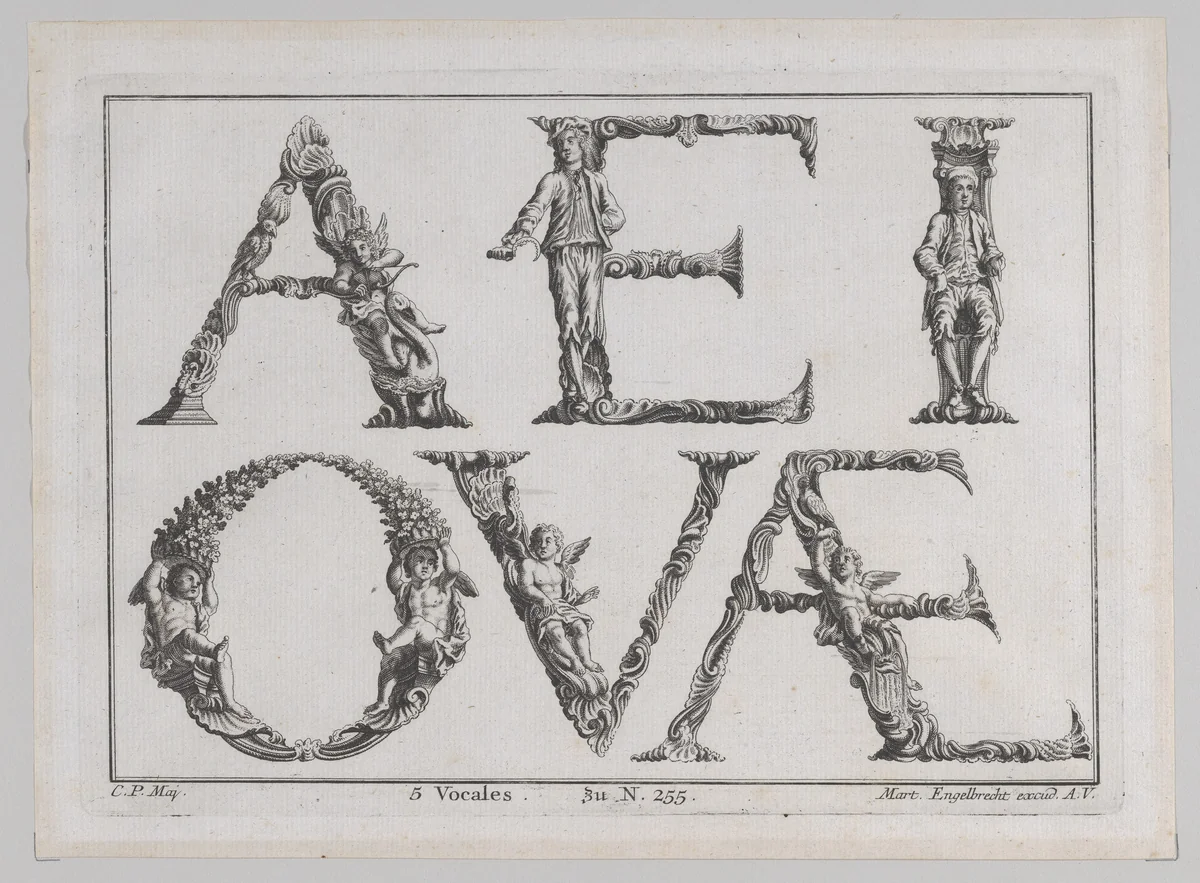 Alphabet Letters (5 Vowels) by Martin Engelbrecht, print, 1700-1799