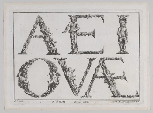 Alphabet Letters (5 Vowels) by Martin Engelbrecht, print, 1700-1799