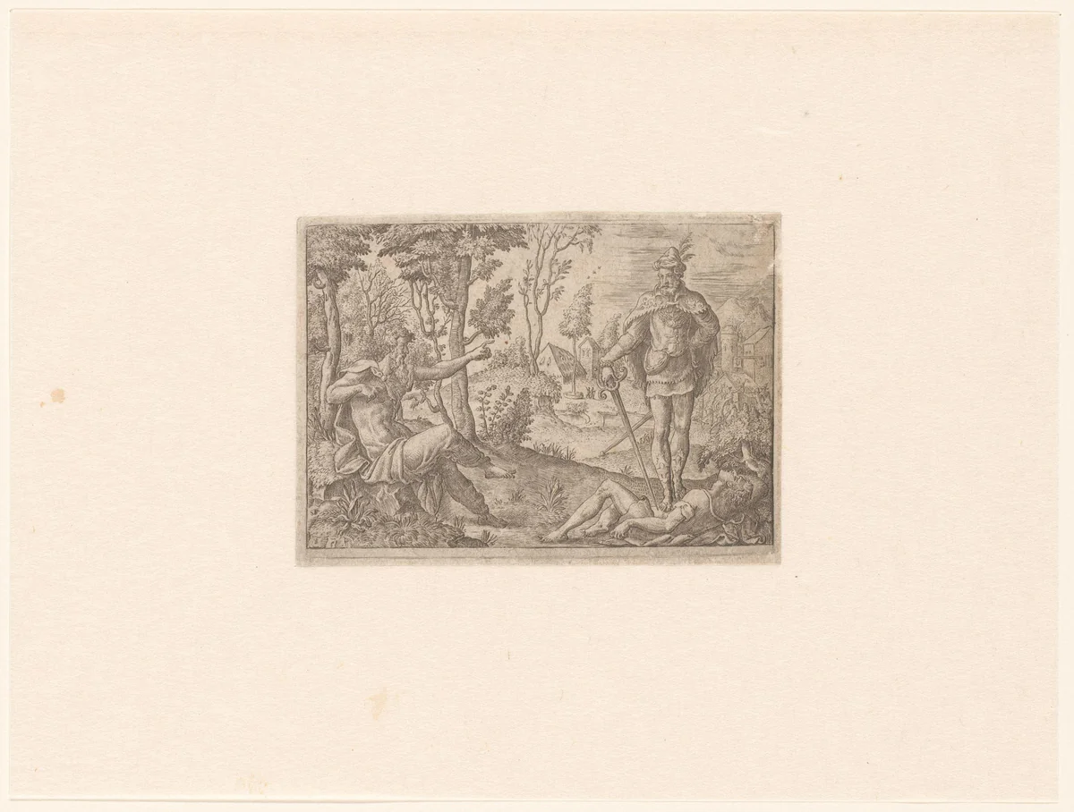 Man op een steen gezeten wijst naar een man met zwaard, een liggend figuur vertrappend by Unknown, print, 1528-1583