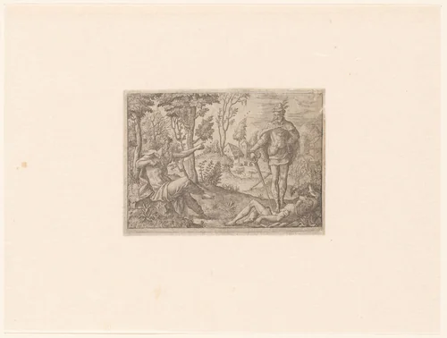 Man op een steen gezeten wijst naar een man met zwaard, een liggend figuur vertrappend by Unknown, print, 1528-1583