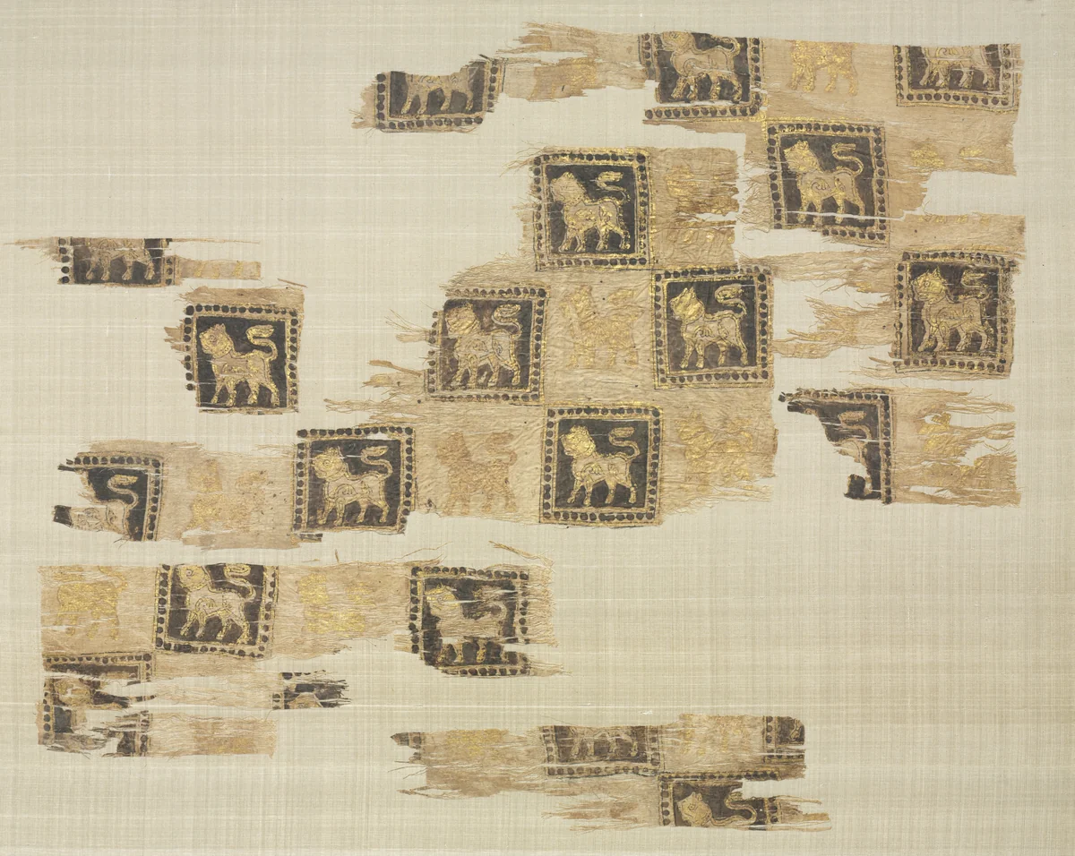 Fragment with gold leaf lions by Unknown, textile, 1000-1199