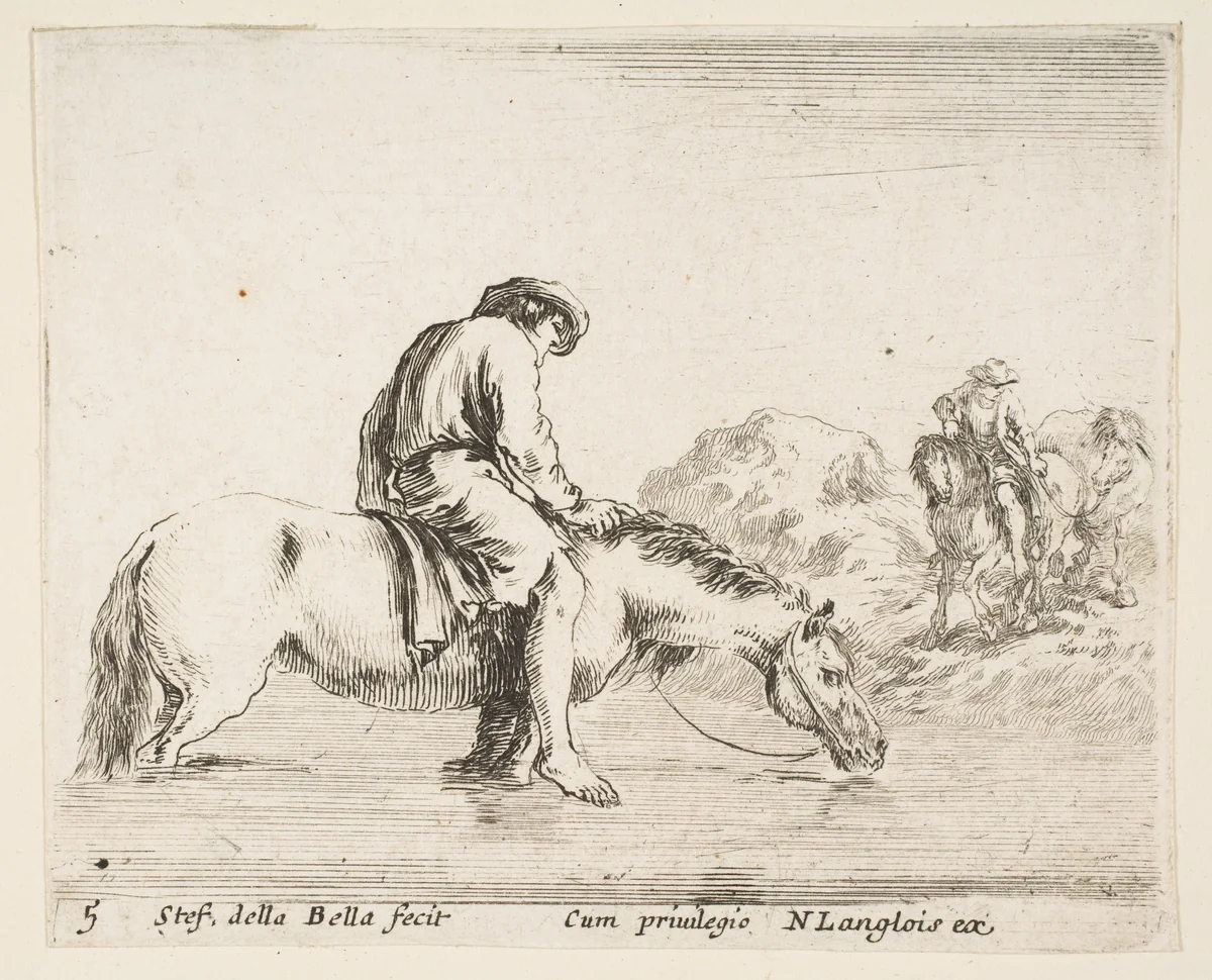 A barefoot peasant on horseback crossing a river, another peasant on horseback and leading a horse on a bank to right in the background, plate 5 from "Diversi capricci" by Stefano della Bella, print, 1639-1649